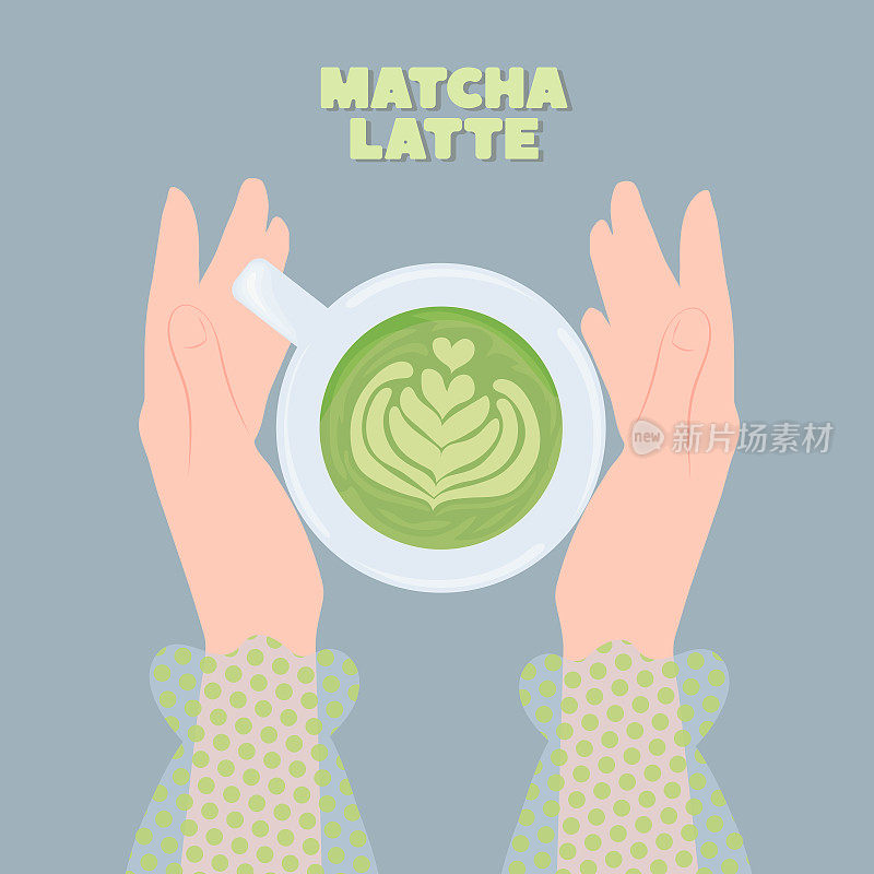 Matcha latte in a cup, in female hands. Healthy food concept.